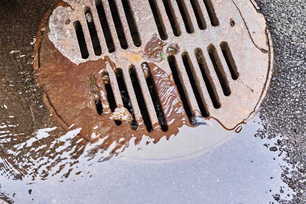 water draining into a sewer manhole after rain